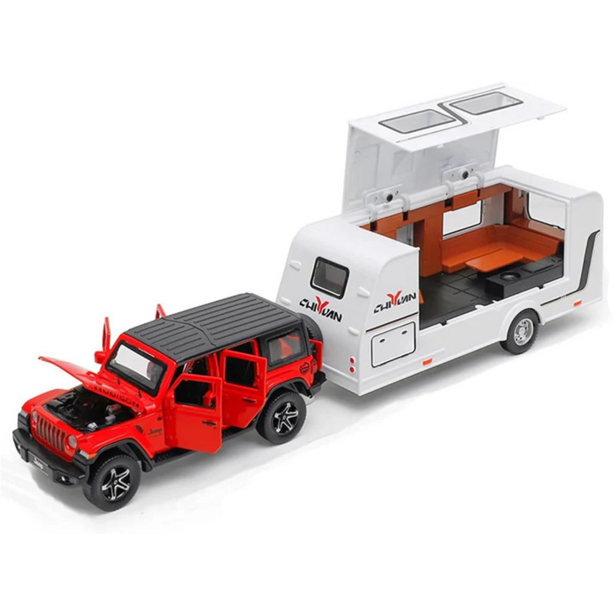 WRANGLER RUBICON WITH TRAILER DIECAST ALLOY METAL PULLBACK TOY CAR - SCALE: 1:32 (33.5 X 7.0 X 7.8 CM)