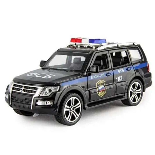 MITSUBISHIS POLICE PAJERO SUV DIECAST ALLOY METAL PULLBACK TOY CAR - SCALE: 1:32 (16.0 X 7.3 X 6.3 CM)