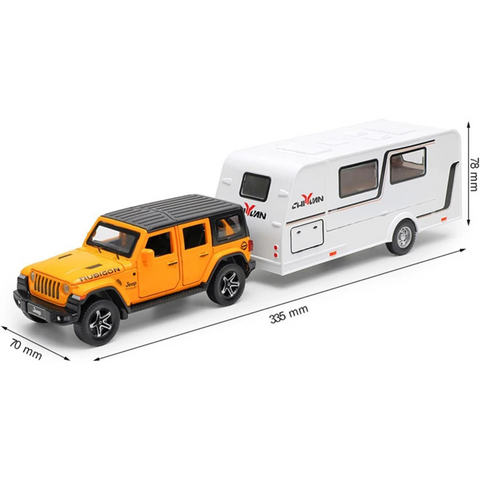 WRANGLER RUBICON WITH TRAILER DIECAST ALLOY METAL PULLBACK TOY CAR - SCALE: 1:32 (33.5 X 7.0 X 7.8 CM)