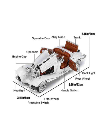 White - Mercedes Benz 500K Model 1:24 Scale Diecast Car - Metal Collectible | NX-N-24 - Acrylic Transparent Box.